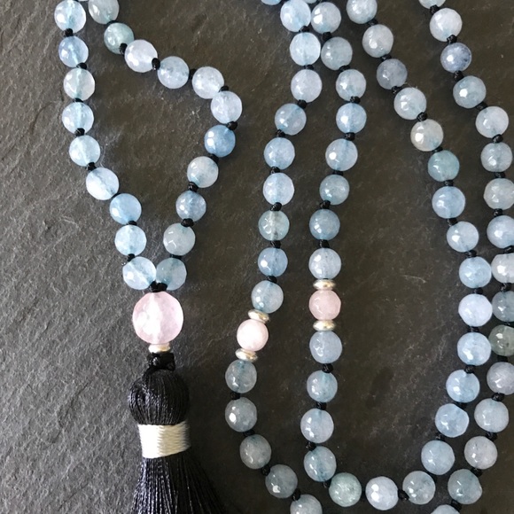 Genuine Aquamarine and Rose Quartz Mala necklace - Picture 6 of 7